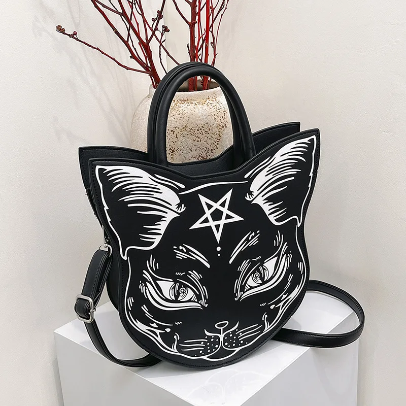 Harajuku Dark Style Cat Straddle Bag Fashion Trend Hold Bag Punk Style Cat Face Halloween Handbag  Funny Small Phone Purses