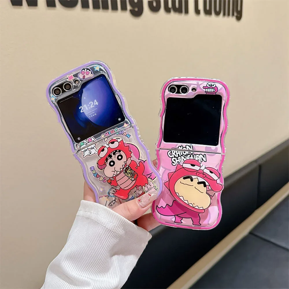 Cartoon S-Shin-chans With Bracket Phone Case for Samsung Galaxy Z Flip 3 4 5 Z Flip 6 5G PC Hard Anti-fall Back Cover Anti-fall