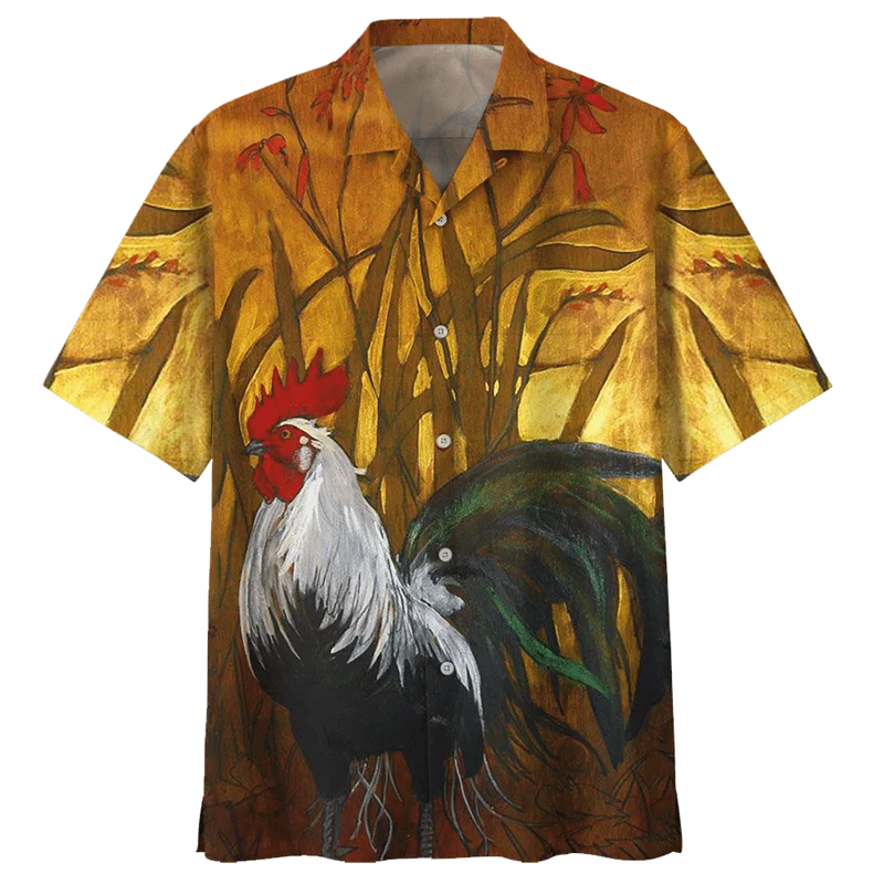 

Vintage Chicken Pattern Hawaiian Shirt For Men 3D Printed Animal Rooster Short Sleeves Lapel Shirts Summer Street Button Blouses