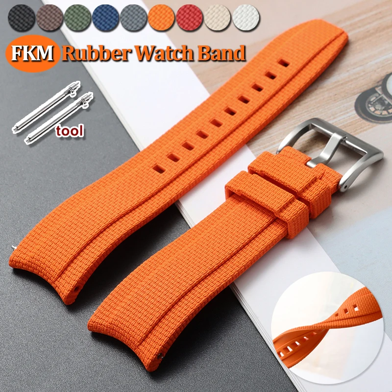 Curved End FKM Rubber Watch Band 20/21/22mm Textured Surface Premium Fluororubber Strap for Seiko for Rolex Quick Release Belt