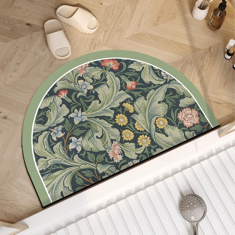 VIKAMA Boho Bath Mat Victorian Floral Line Drawing Half Round Anti Slip Shower Rug Chic Bathroom Floor Mat Home Decor
