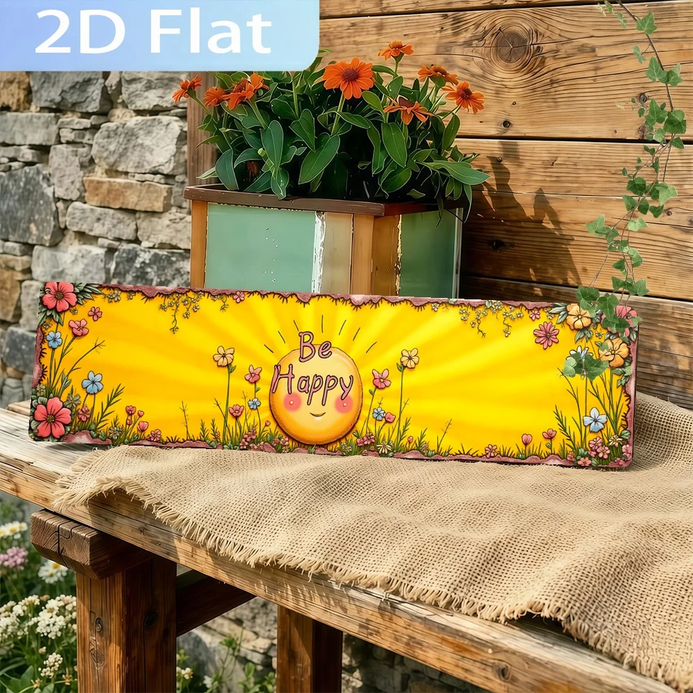 2D Flat - A Vintage Wall Sign Featuring a Yellow Backdrop Adorned with Flowers And a Sun That Says 'Be Happy.' This Retro