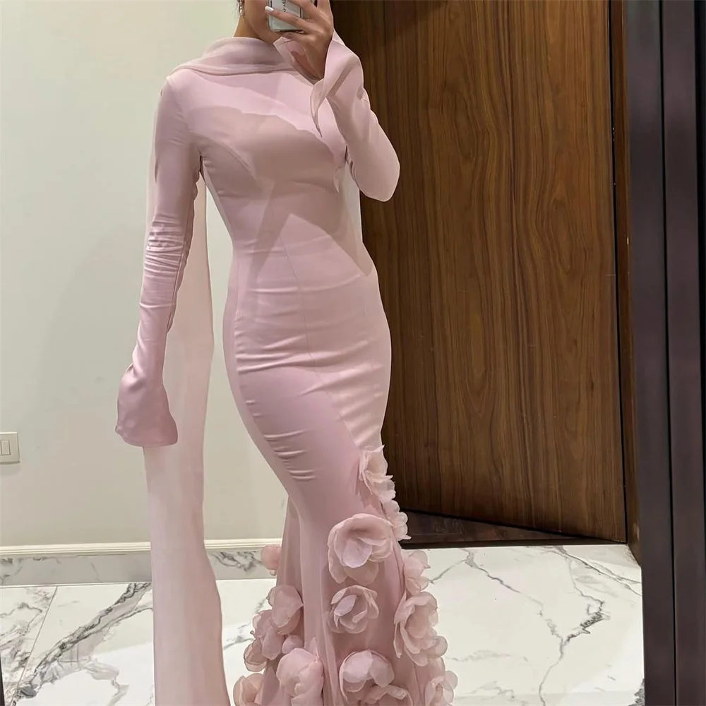 كاثي مخصص الوردي الرسن الرقبة حورية البحر فساتين لحضور الحفلات الموسيقية يزين كم طويل vestidos de noiva الطابق طول فستان سهرة 2025