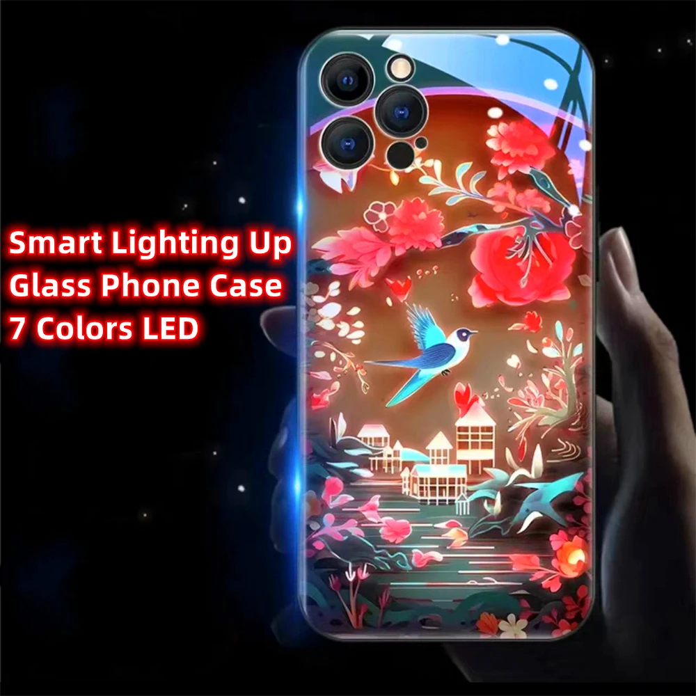 Shining Lucky Magpie Smart LED Light Glow Tempered Glass Phone Case For iPhone 15 14 13 12 11 Pro Max X XR XS Plus SE2020