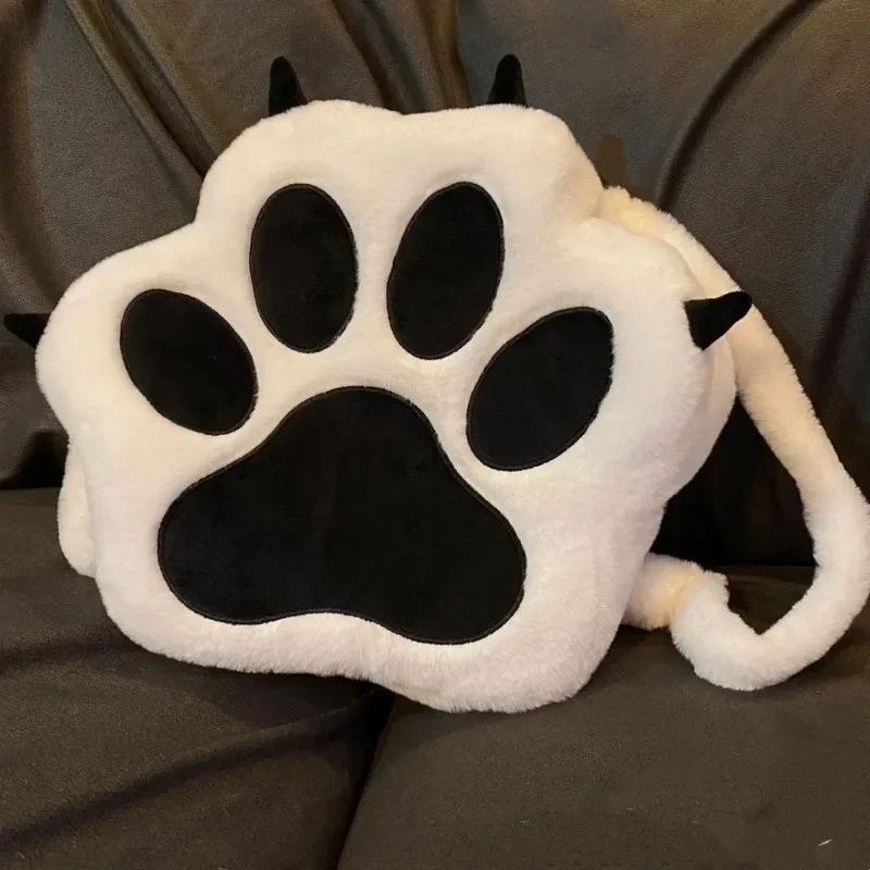 Sac à dos en peluche patte de chat mignon avec bretelles réglables, sac Kawaii avec fermeture éclair, sac JK pour filles, sac de dessin animé pour femmes