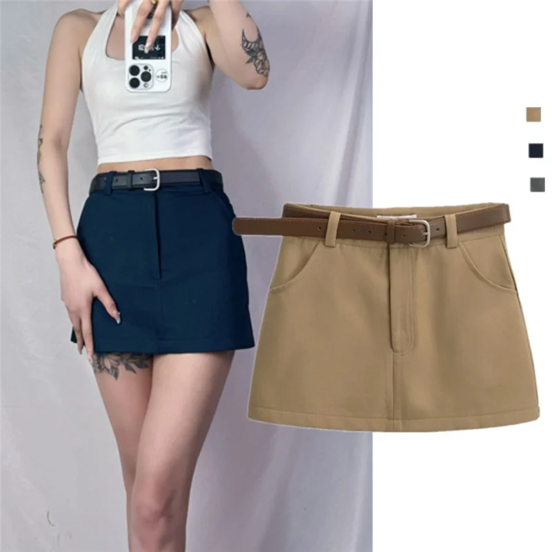 

Retro American College Sle Embroidered Waist Belt ort Skirt Women High Waist Slim A-Line Skirt Anti-Light INS Trendy