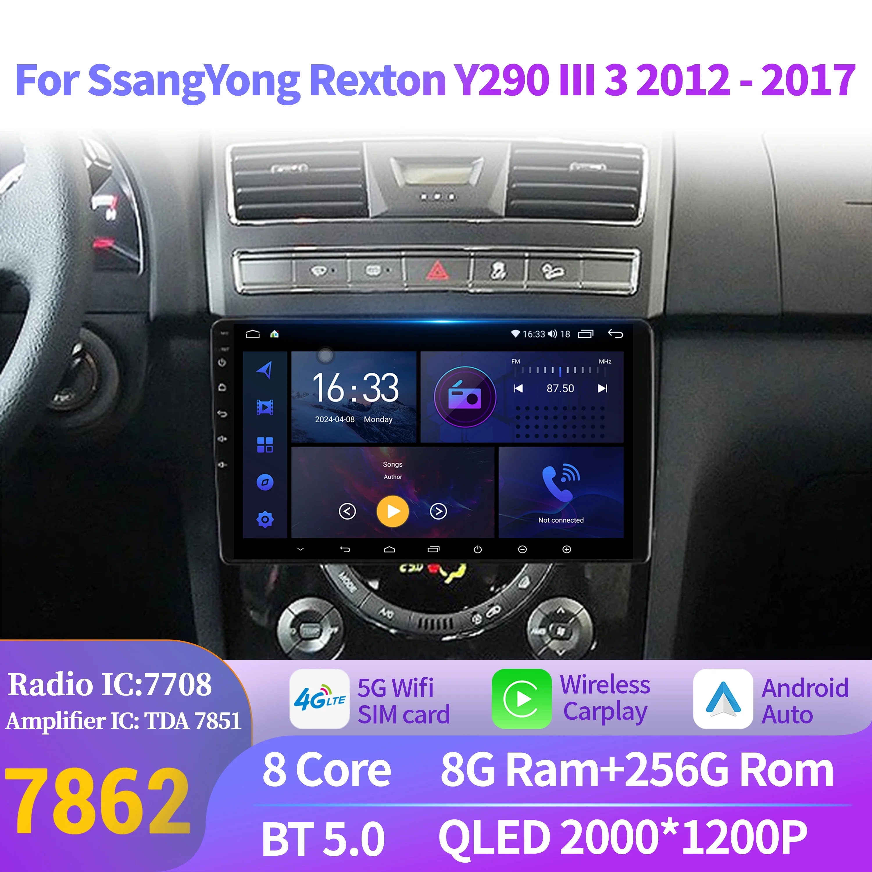 

Android 14 For SsangYong Rexton Y290 III 3 2012-2017 CarPlay Car Radio Multimedia Video Player Navigation No dvd 2K QLED Screen