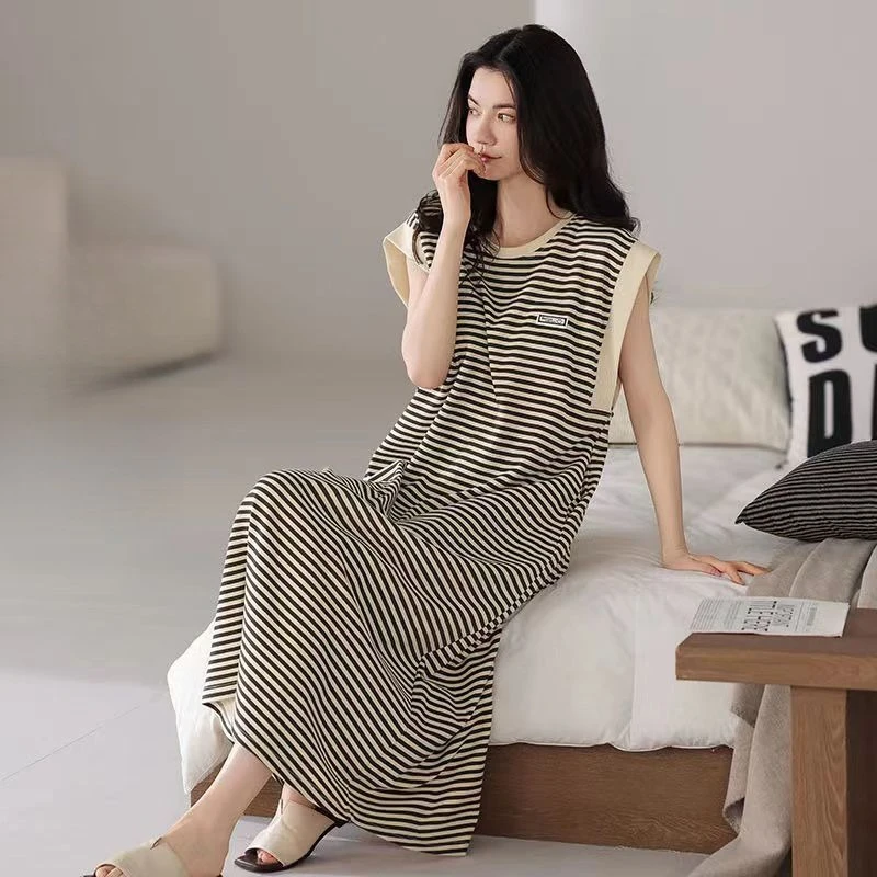 

Pure Cotton Nightgown for Women's Summer Sleepless Vest Large Size Long Striped Pajamas Home Clothes Korean Version Cute Girls