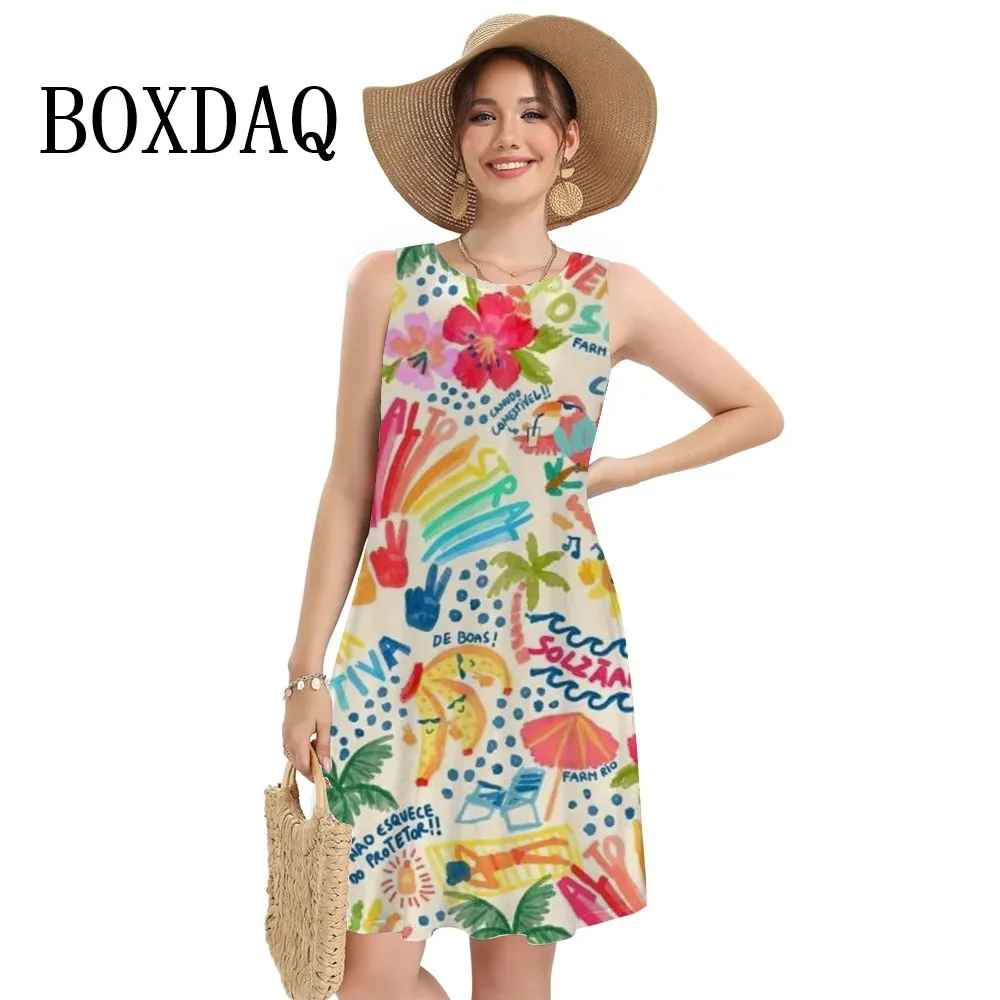 Women Summer Tank Dresses Fashion Geometric Print Mini Short Dress Loose Casual Sleeveless Holiday Beach Dresses Sundress