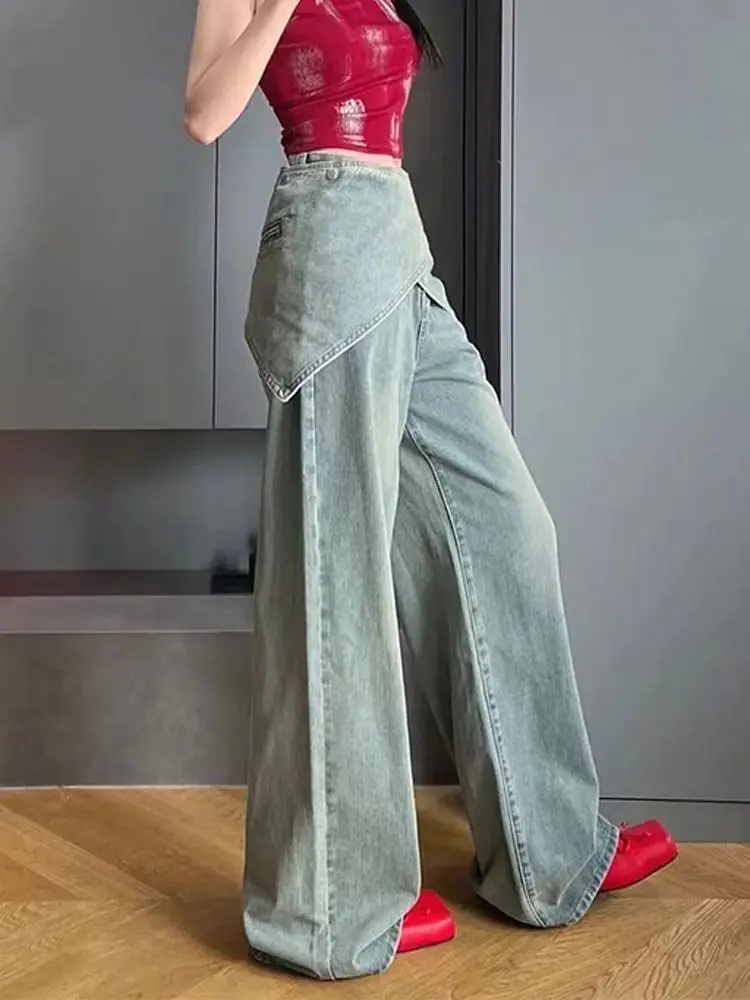 Fake two piece design plus size straight leg jeans for women with street style personality, retro and detachable