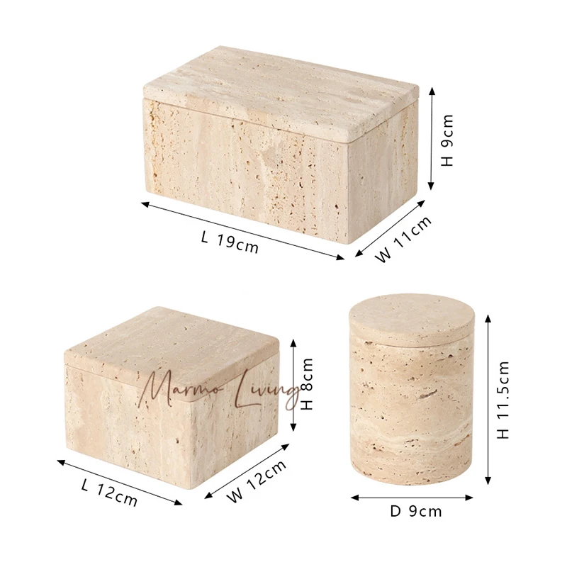 Decorative Travertine Storage Box for Jewelry Natural Marble Bathroom Vanity Organizer Canister for Cotton Swabs