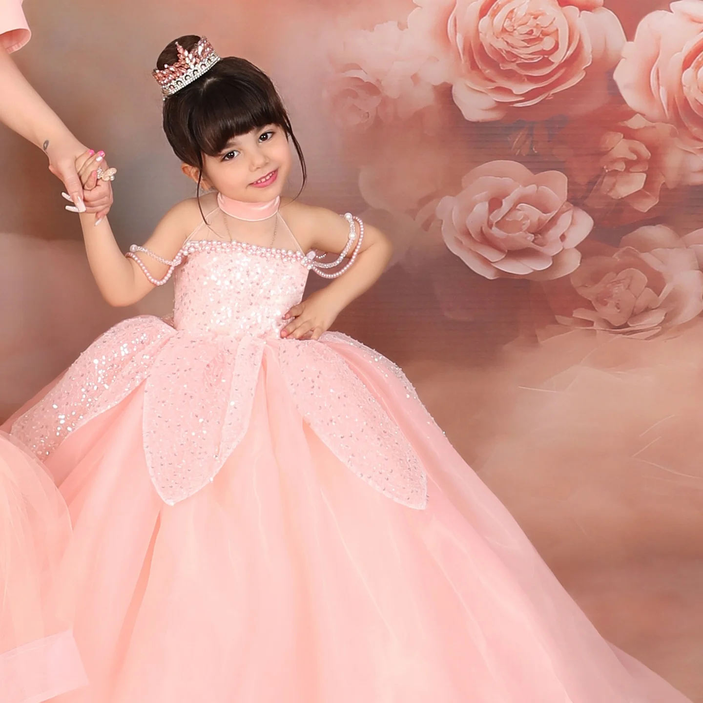 Vestido floral para meninas, casamento, lantejoulas brilhantes, tule, pérolas, inchado, princesa, festa de aniversário infantil, primeira comunhão, vestidos de baile