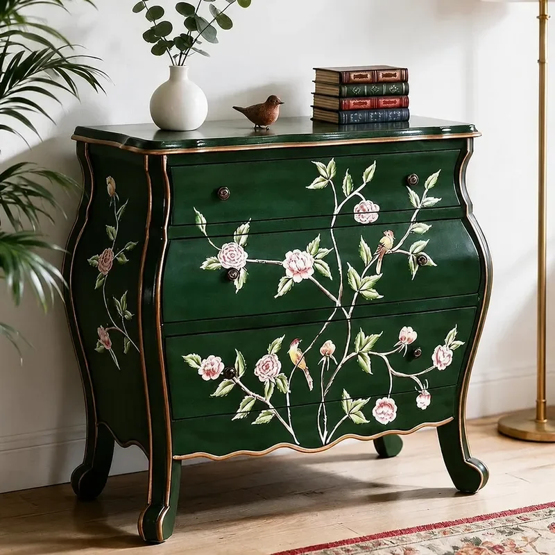 Retro Green Solid Wood Three Drawer Cabinet Peony Painted Storage Sideboard for Living Room Entryway Console Table