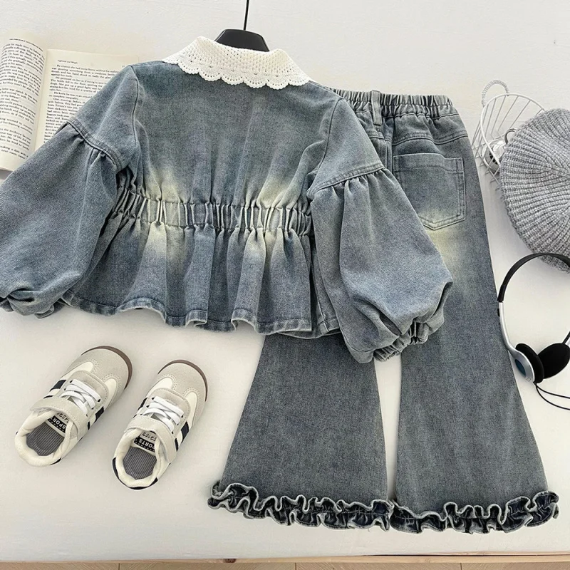 

Girls' Waist-Cinching Soft Denim Long Sleeve Set2025New Autumn Single-Breasted Denim Jacket and Flared Pants Two-Piece Set Trend