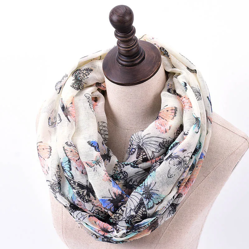 Fashion Women Butterfly Print Infinity Scarves Winter Warm Neckerchief Soft Voile Ring Scarf Loop Shawl Ladies Echarpe Foulard