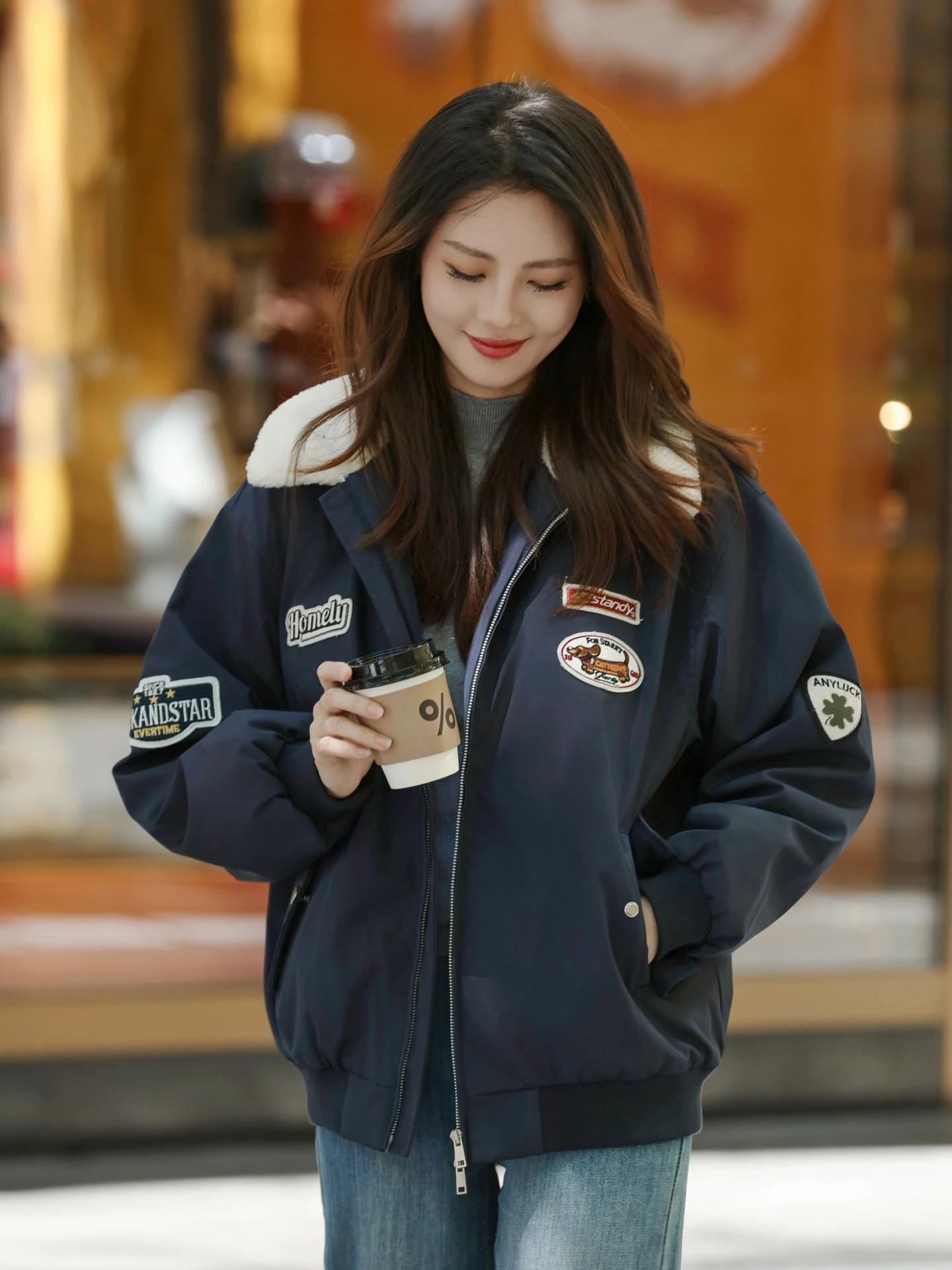 여성용 루즈 학생 겨울 신상품 미국식 야구 스타일 코트 한국 버전 스트레이트 롱 코트