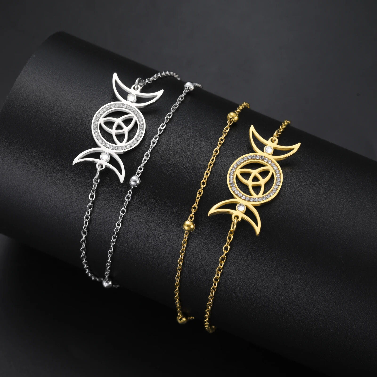VASSAGO Triple Moon Goddess Bracelet Stainless Steel Celtic Knot Charm Bracelet Adjustable Layered Anklet Wicca Irish Jewelry