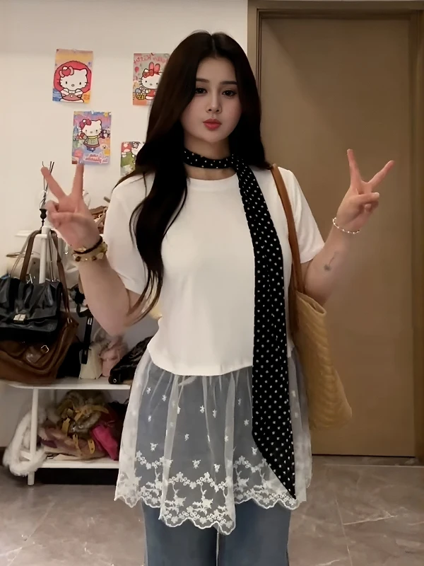

plus Size Women's Korean Sle Lace Splice ort Sve T-irt Summer Loose Slimming Inner Wear Top Layered on Clothes