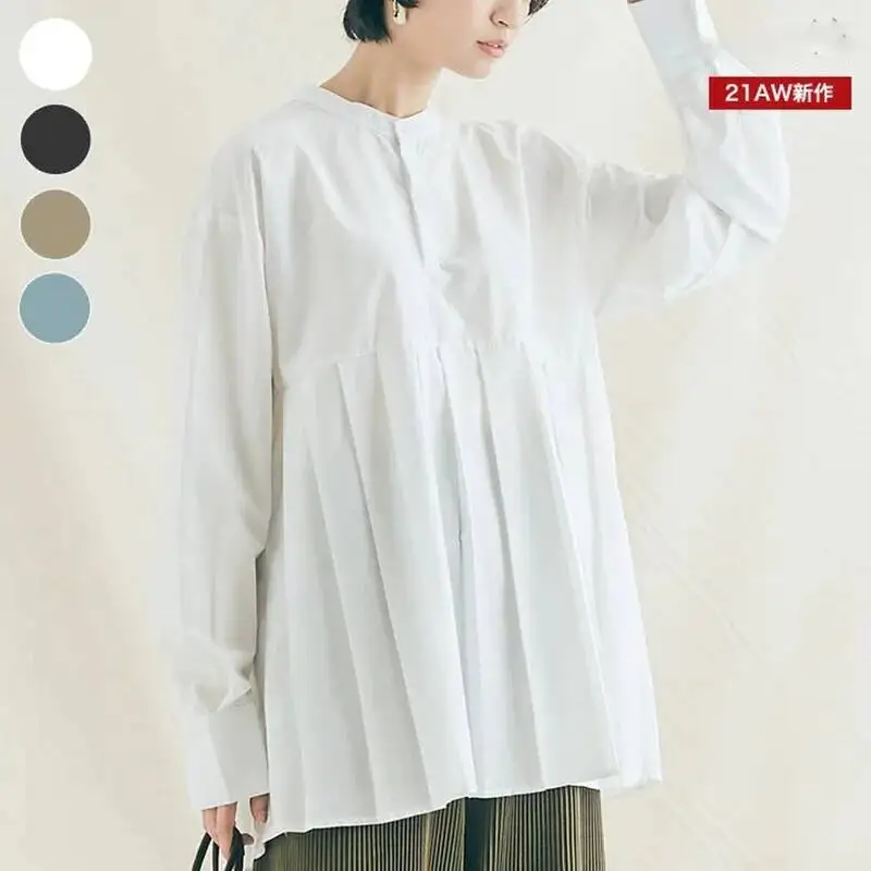 

Japan Rakuten New 4 Colors Spring Summer Loose Casual Pleated Shirt Women Mid-length Base Shirt New Style
