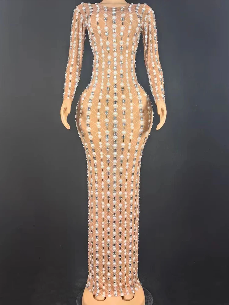 

High Quality Hot Bead Hot Diamond Sexy Elastic Long Sleeved Dress 2025 New Fashion Custom Women'S Clothing