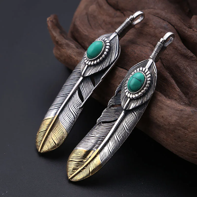 Manufacturer wholeSale S925 Sterling Silver jewelry thai Silver inlaid turquoiSe feather necklace pendant for men and women