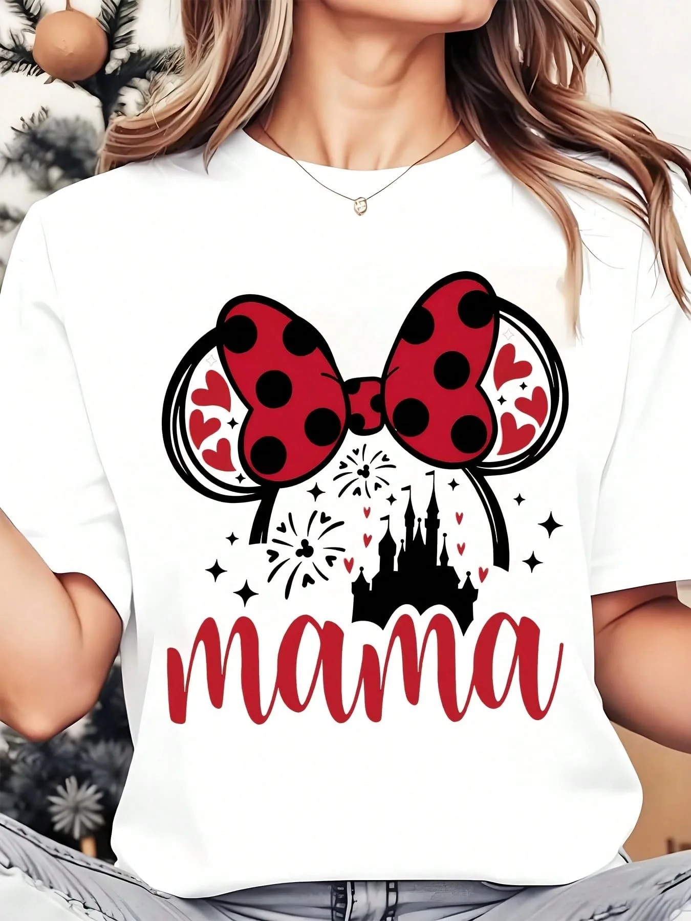 

Футболка Disney, несколько размеров, трафаретный принт, уши Минни Маус, замок с сердечками, повседневный подарок на день рождения