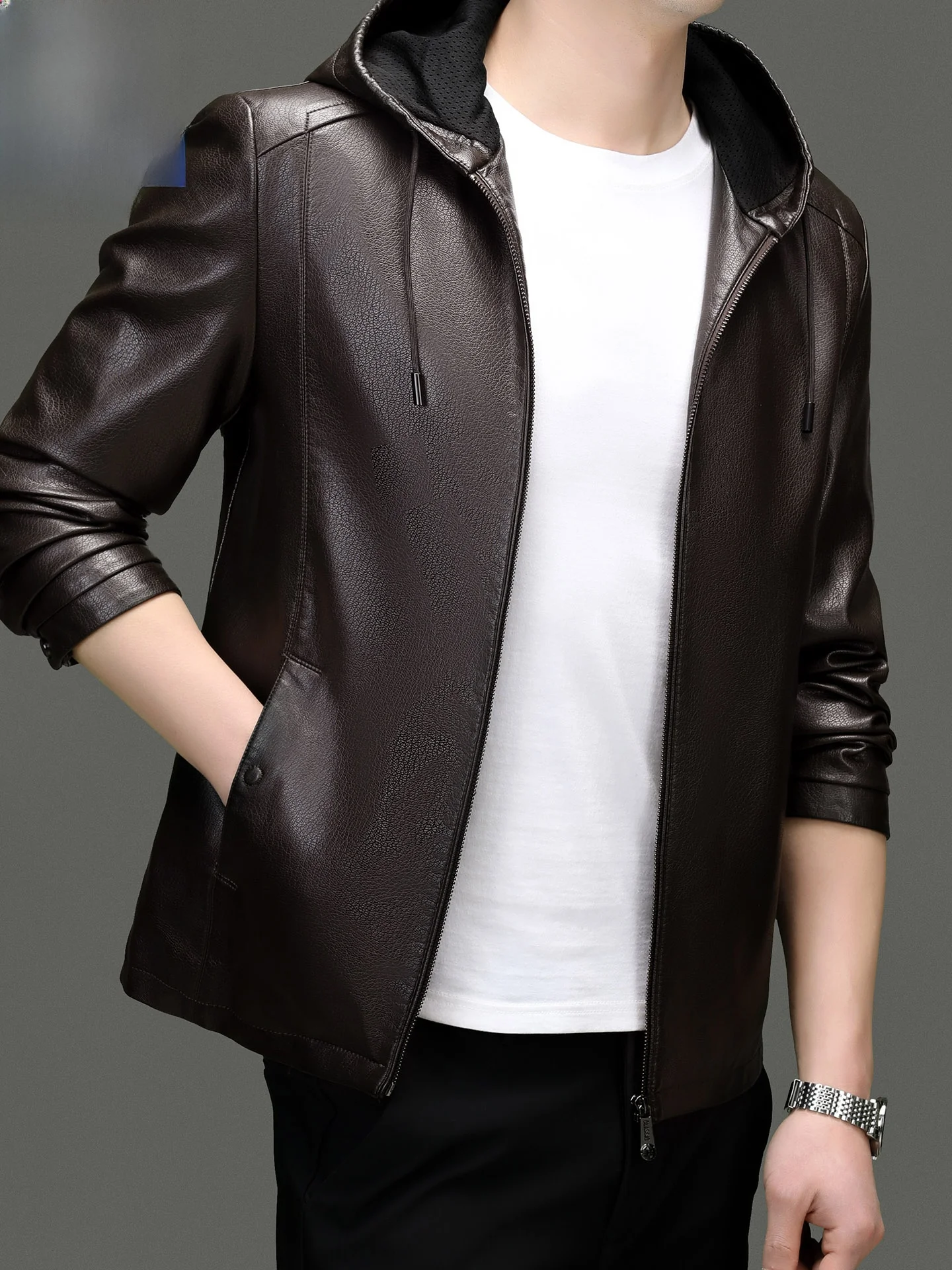 

Men's Faion Urban Sle Fce Lined Loose Fit Biker Jaet Casual Leather Coat with Hood Metal Decorations Long Sves