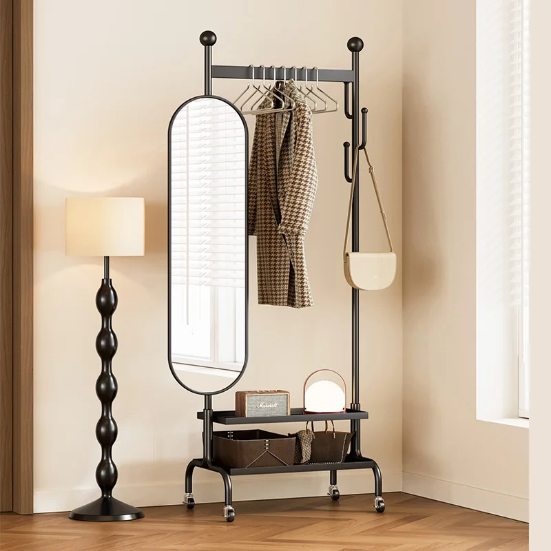 

Movable coat rack Floor-to-ceiling bedroom full-length mirror hanging hanger Integrated with storage full-body mirror Multifunct