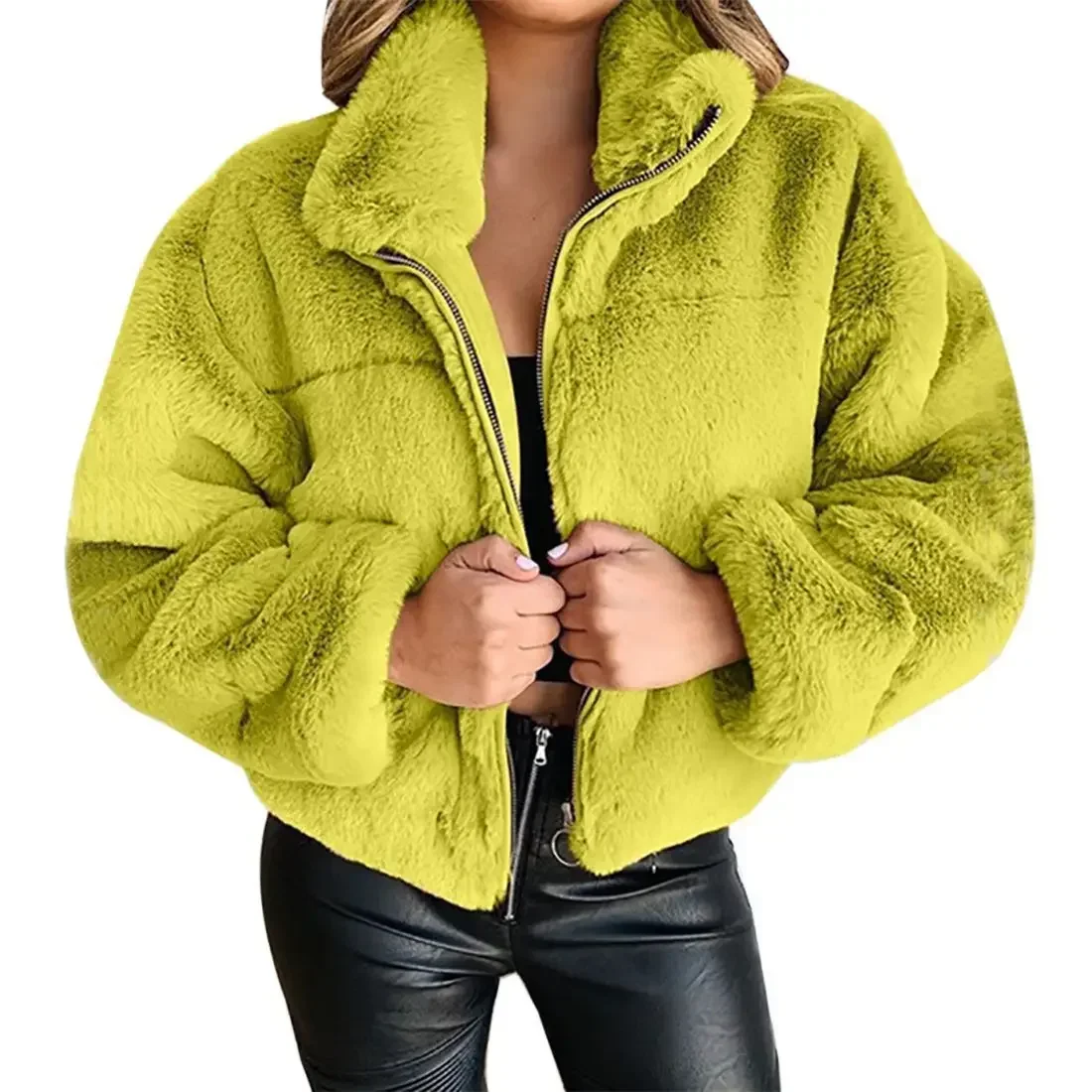 Women Casual Fur Zippered Cardigan Faux Rabbit Female Winter Plush Thick Warm Loose Fur Coat Loose Lapel Jacket Fur Coat S-5XL