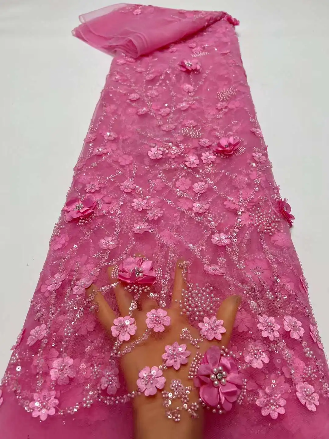 

Beautiful 3D Flowers,Pearls Embroidery French Mesh,Beaded African Nigeria Fabric Lace ,Ladies's Evenign Dress ,Bride Dress ,