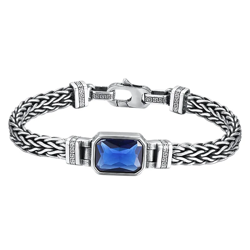 HX Silver Color Handwoven Handmade Bracelet 5MM Men\'s Blue Zircon Set Trendy Retro Vintage Bracelet Ins Jewelry