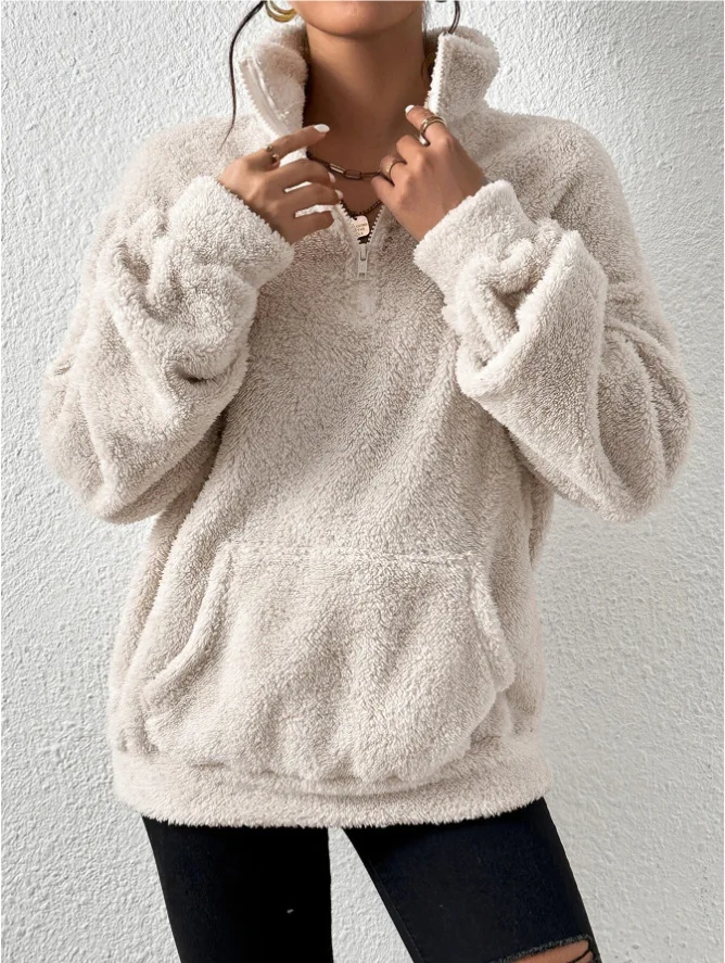 2026 Herbst Winter Mode Damen Samt-Hoodie Einfarbig Verdickter Plüsch-Pullover mit Großer Tasche Warmer Langarm-Damen-Sweatshirt – Detail 5