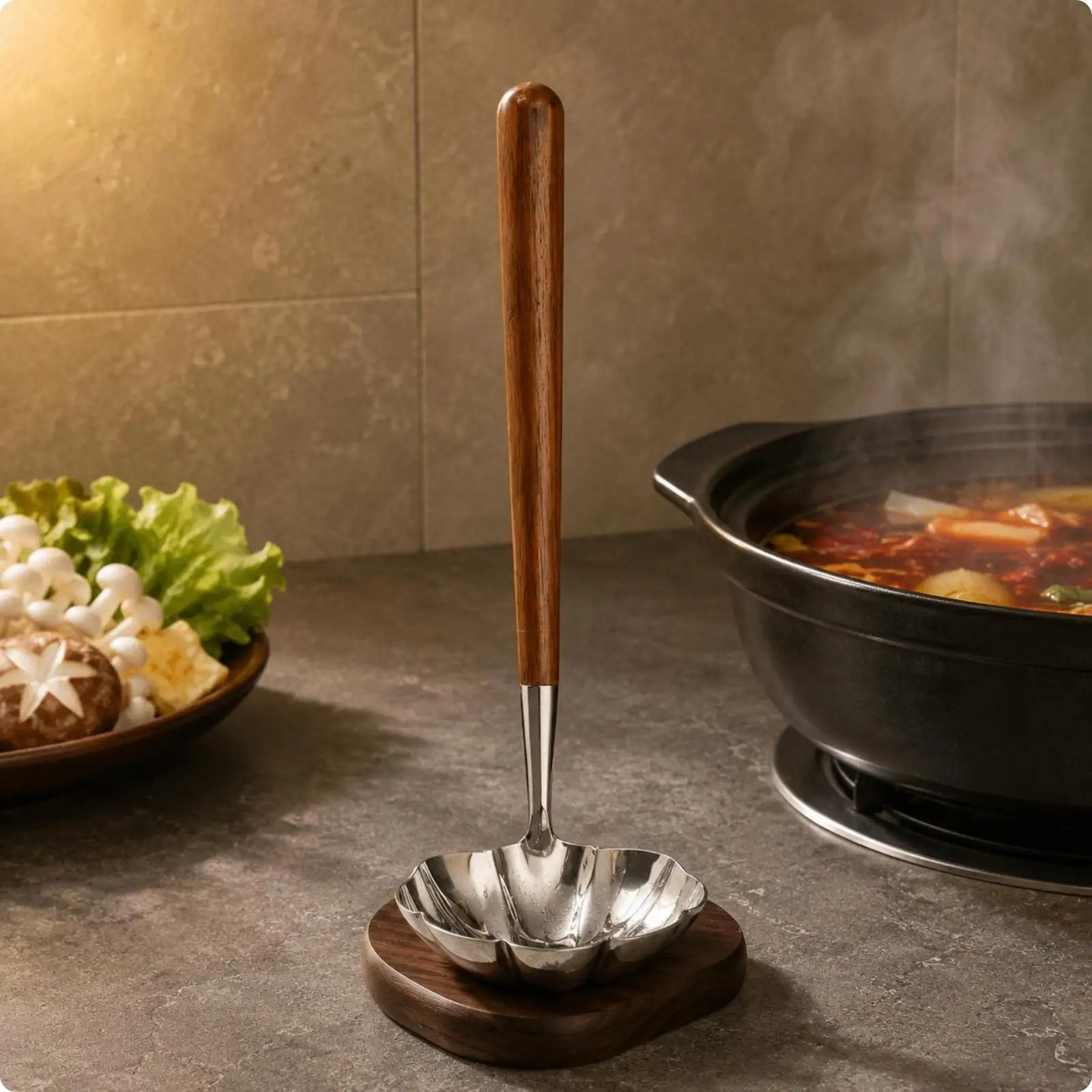 Walnut Wood Soup Ladle Stainless Steel Spoon Head Long Handle Kitchen Utensil for Serving Broth Hot Pot