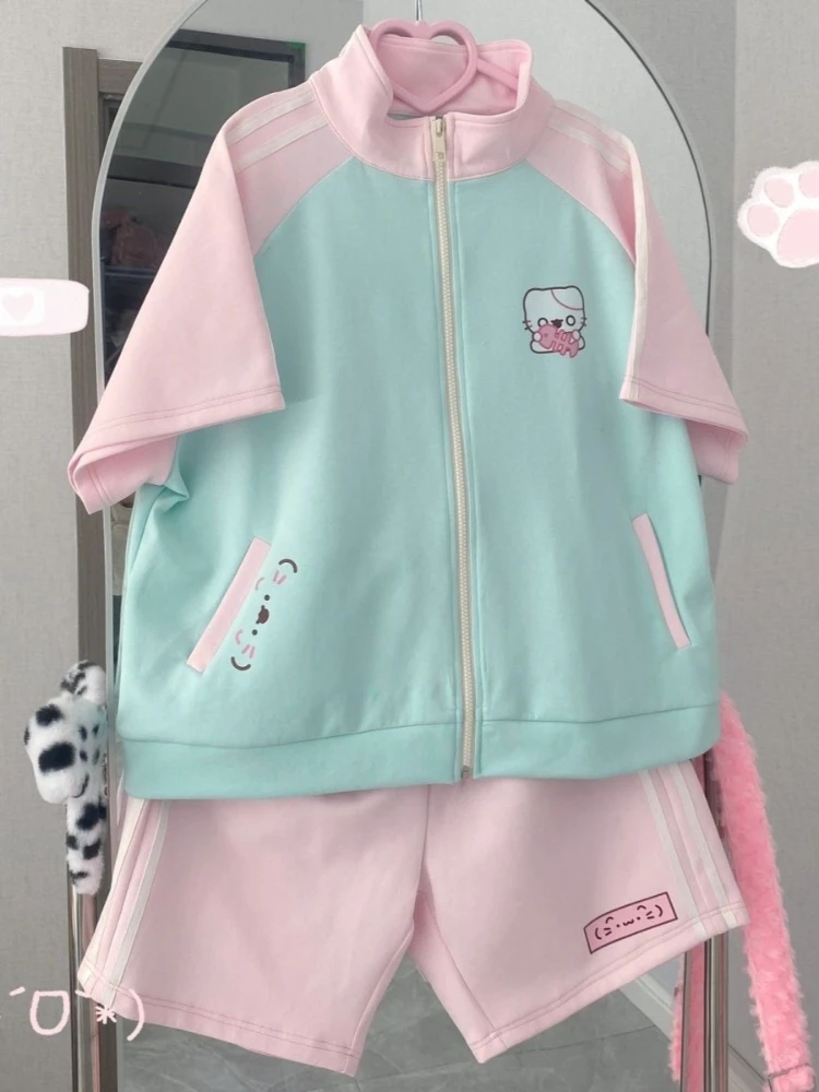 

Casual Design Japanese Cute Loose Sports Suit Sweet Kawaii Short Sleeve Fashion Patchwork Summer Short Pants 2-piece Set Women