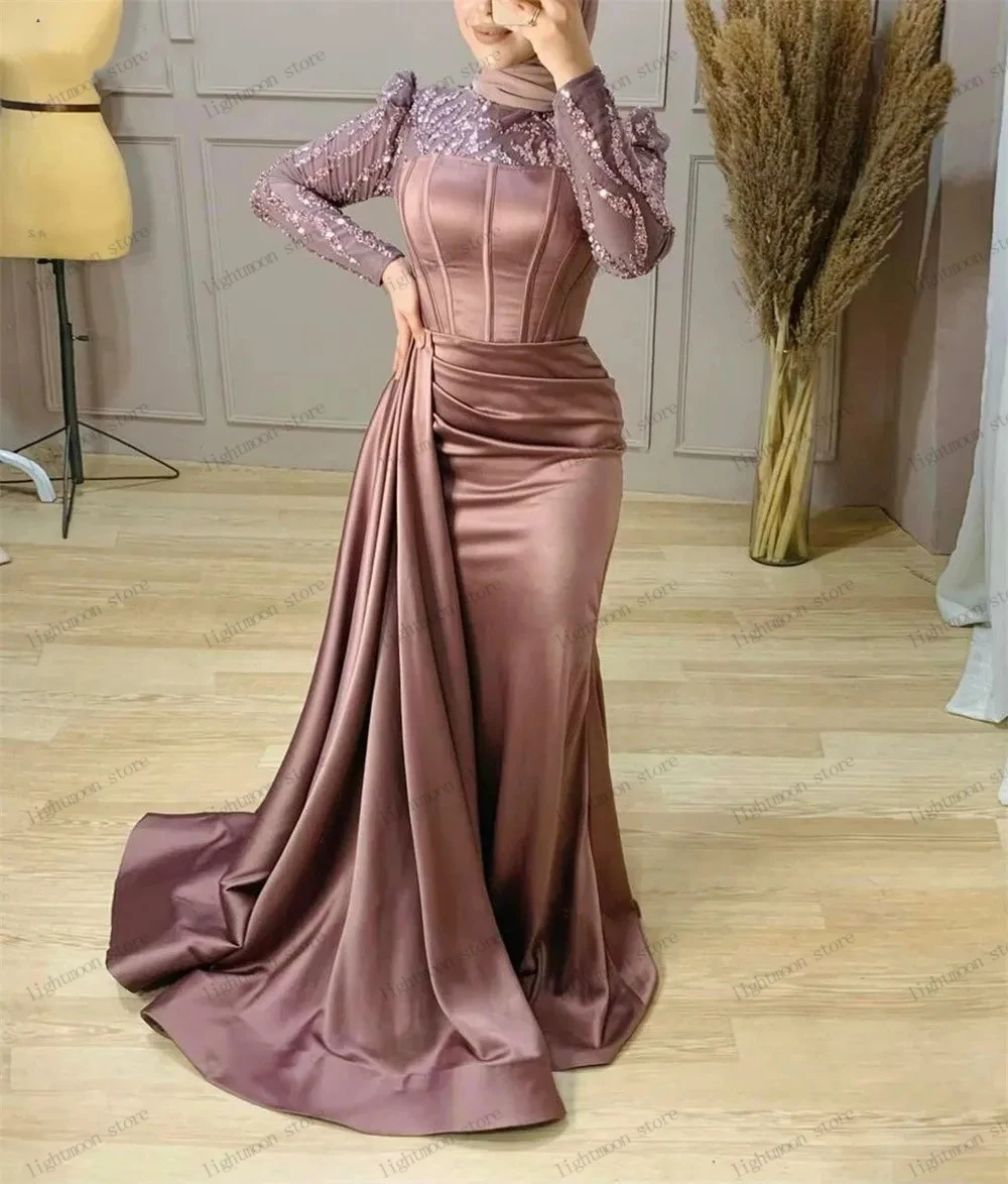 

Classic Prom Dress Graceful Evening Dresses For Women 2024 Satin Sheath Mermaid Full Sleeves Beading Appliques Vestidos De Gala