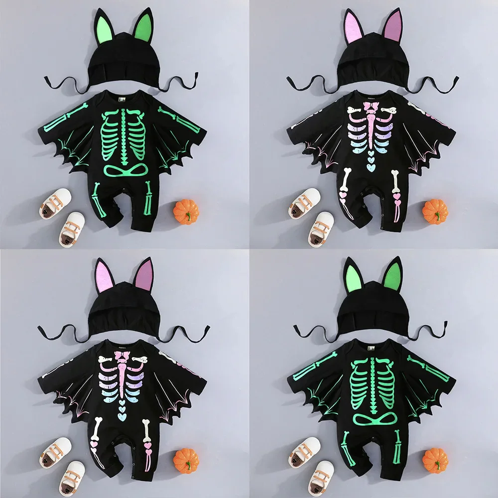 

Halloween Baby Glow-in-the-Dark Costume Se Bat Wing Onesie with Skeleton Print & Ear Hat Infant Toddler Long Sleeve Jumpsuit