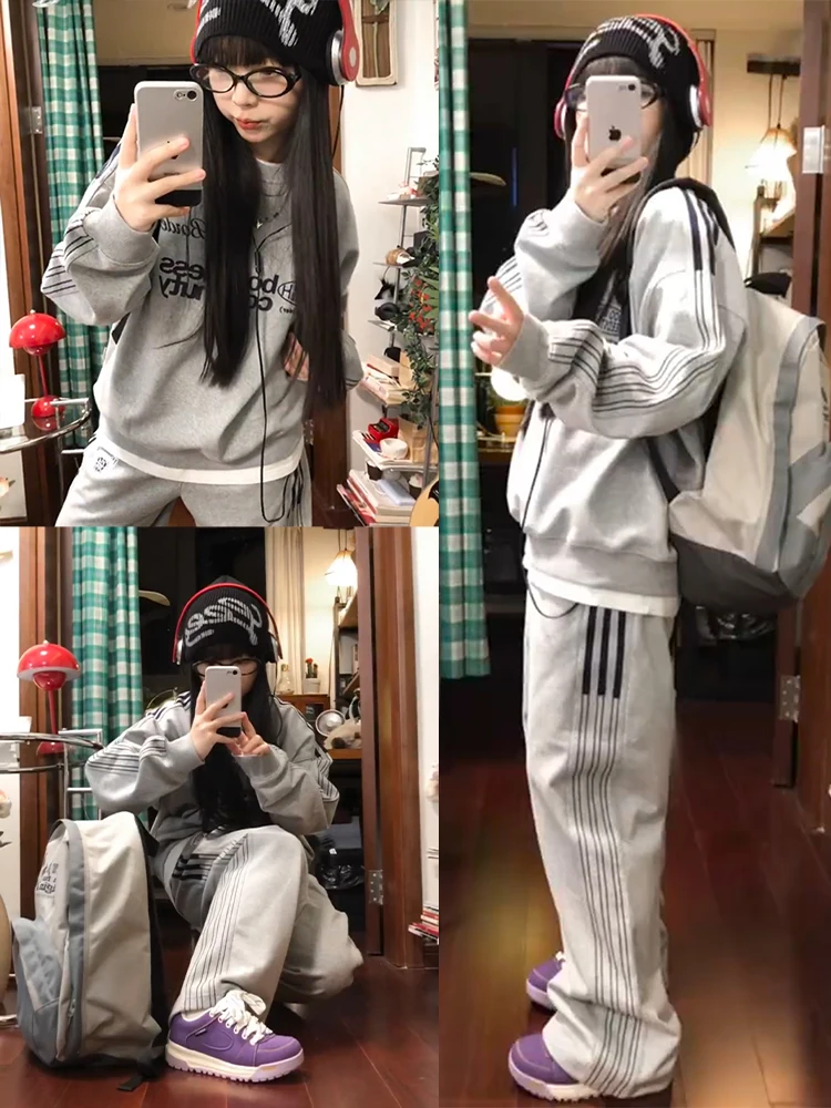 

Street Style Sportswear Set for Women Autumn Winter Loose Slimming Korean Fashion Running Sweatshirt Casual Two Piece Set