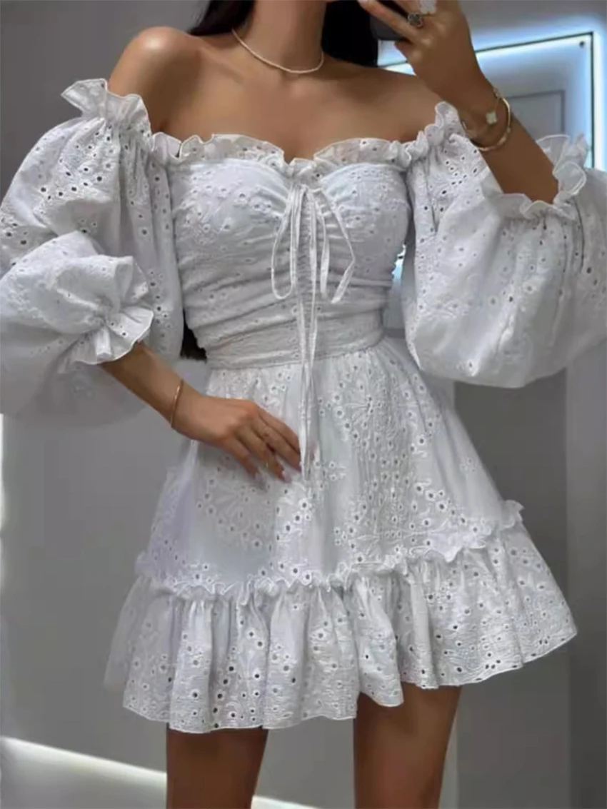 

Платье женское свободного кроя из белого хлопка, модное, с вырезом-лодочкой, с длинным рукавом, мини, элегантное, классическое, плиссированное