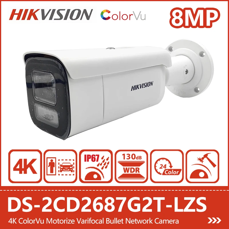 Hikvision 8MP 4K ColorVu Varifocal Bullet Network Camera DS-2CD2687G2T-LZS Support 4X Zoom Human&Vehicle Detection Audio Alarm