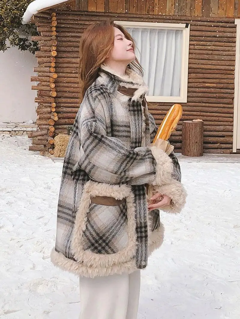 Cappotto invernale da donna Taglie forti Abbigliamento Cappotto in cotone ispessito in pile patchwork scozzese retrò Grasso mm Allentato caldo