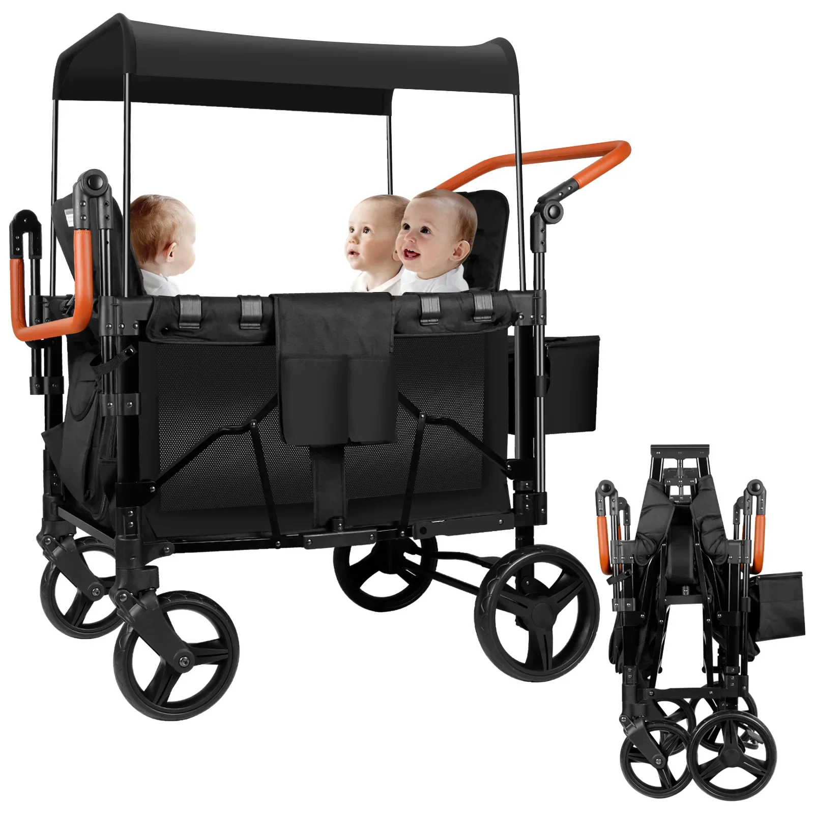 Custom High quality Collapsible Baby Kids 4 Seater Wagon Stroller with 5 Point Harnesses Buckle and Adjustable Sun Canopy