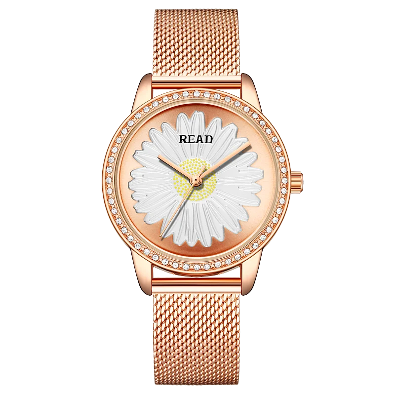 Women Quartz Watch | Embossed Flower Dial | Rhinestone Bezel | Rose‑Tone Stainless Steel Mesh Band | Daily Water Resistant