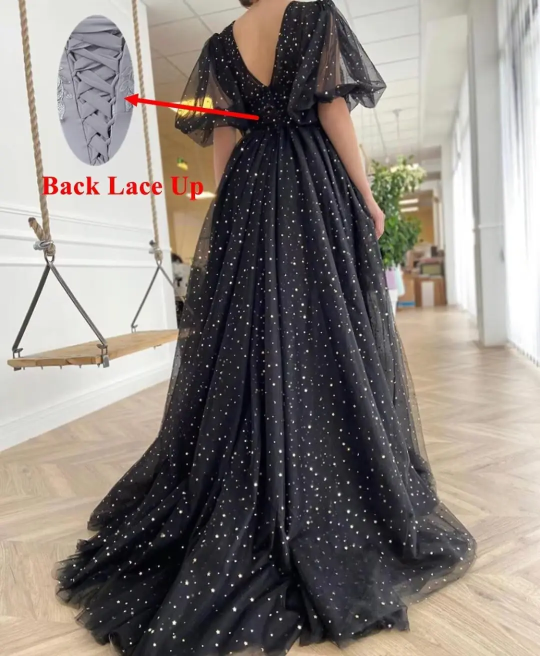 Robe de bal en Tulle étoilé scintillant pour femmes, manches bouffantes, longue fente, robe de soirée formelle avec poches