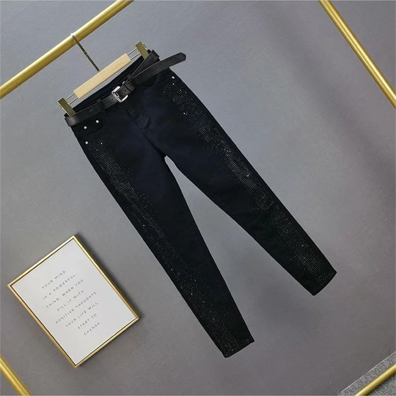 Hot Rhinestones Jeans Feet Pants Female Tide 2024 New Fashion High Waist Elastic Slim Slim Jiufen Denim Pants Pencil Trousers