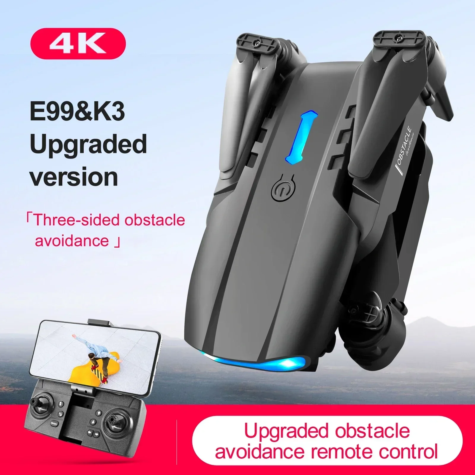 Neue e99 k3 mini drohne 4k profession elle dual hd kamera dreiseitige hindernis vermeidung wifi fpv faltbare quadcopter verkaufen schürze