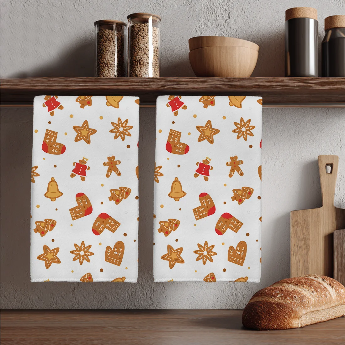 2PCS Christmas Gingerbread Man Snowflake Socks Bell Kitchen Towel Dish Cloths Holiday for Kitchen Towel Decoration 40x60cm