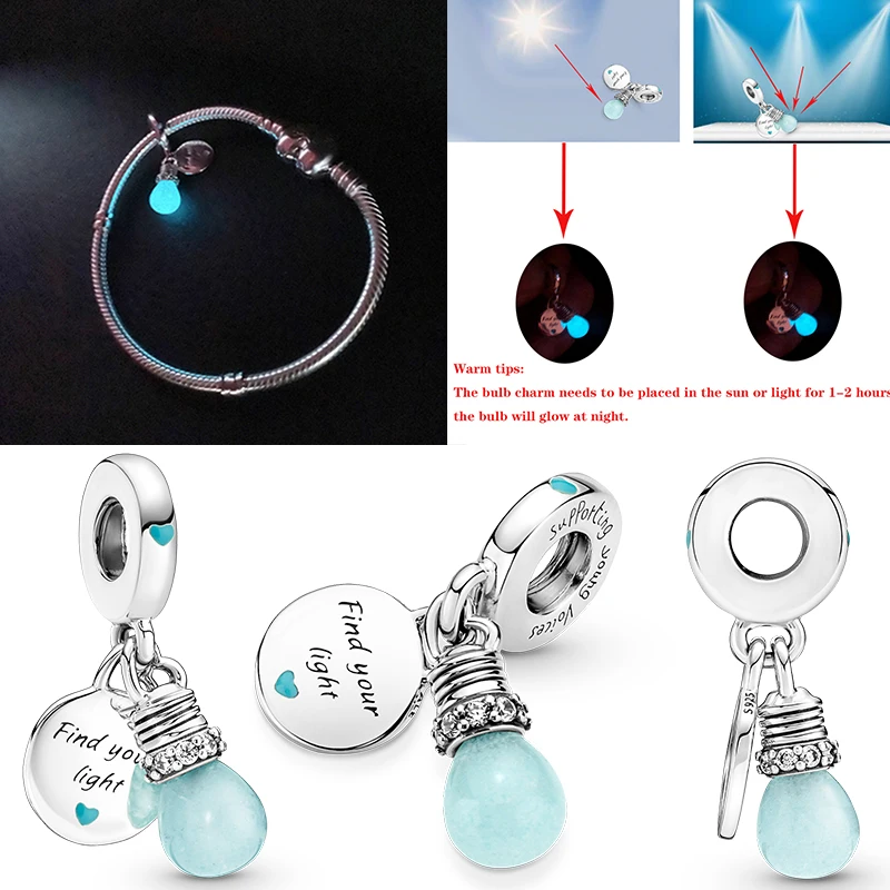 New Hot Sale 925 Sterling Silver Glow-in-the-dark Lightbulb Double Dangle Charms Fit Original Womens Bracelet Jewelry Gift