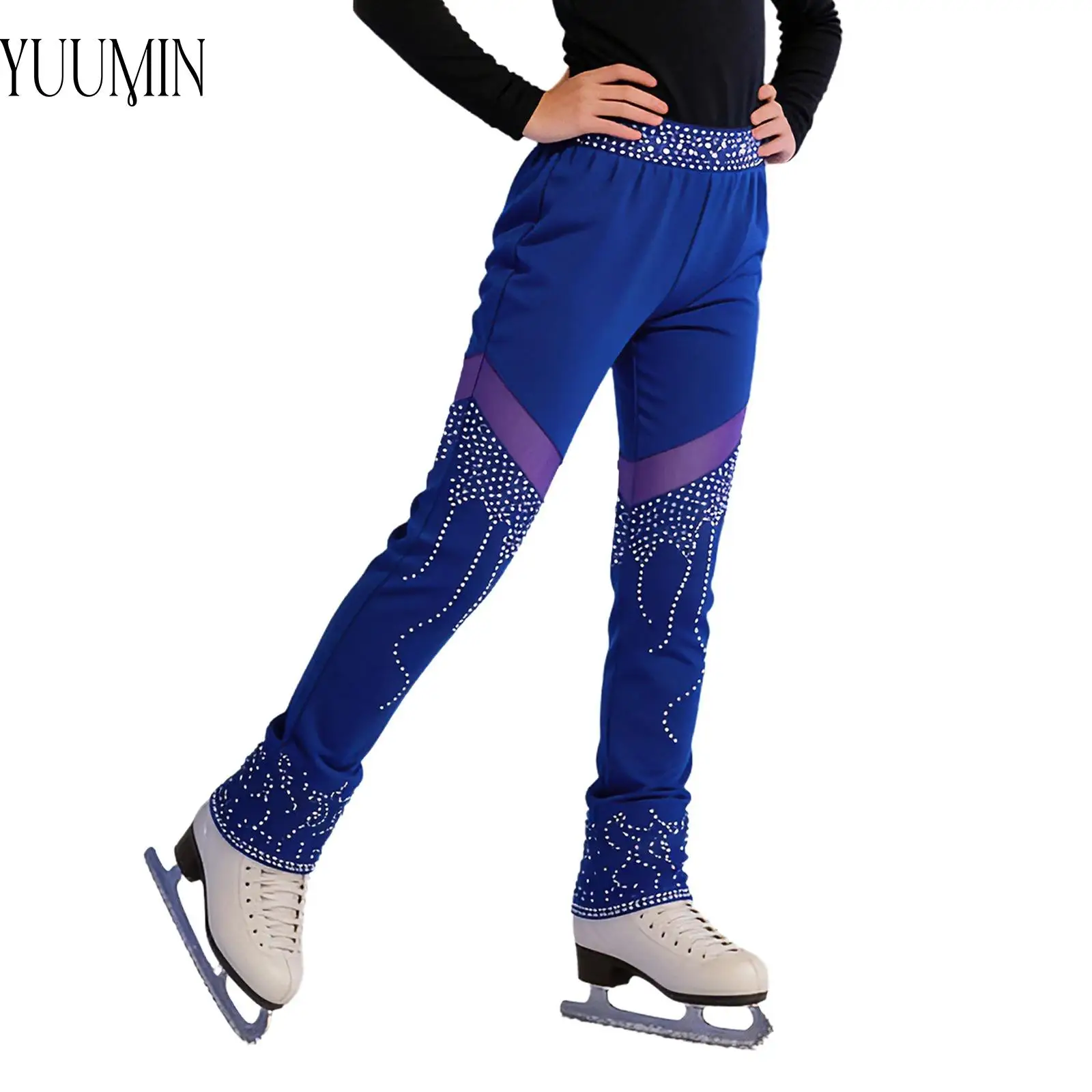 

Брюки для фигурного катания и танцев для девочек, тонкие леггинсы на флисовой подкладке, эластичные сетчатые брюки со стразами, танцевальная одежда для выступлений
