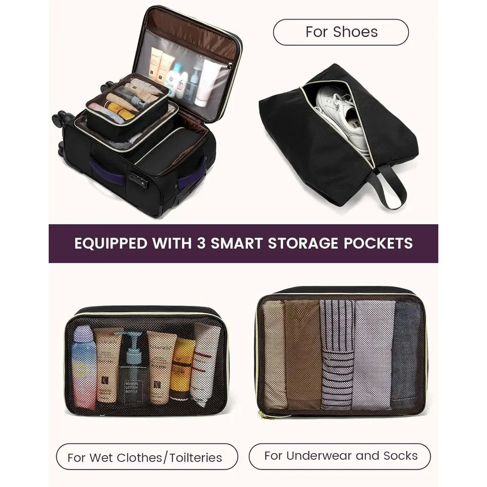 Conjunto de bagagem softside aprovada de 4 peças 22x14x9 polegadas com rodas e trava TSA para viagens de fim de semana