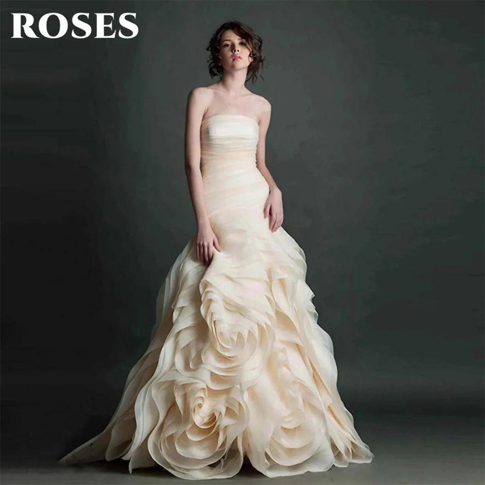

ROSES Ivory Strapless Wedding Gown with 3D Floral Ruched Party Dress A Line Evening Dress Sleeveless Formal Gown Customized